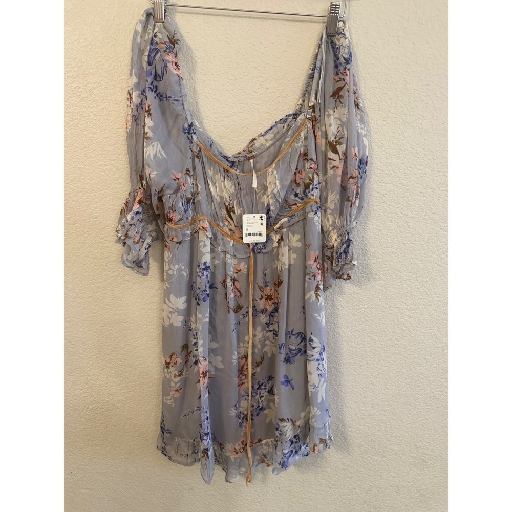 Free People Puff Sleeve Floral Mini Dress M NWT boho - Picture 2 of 10